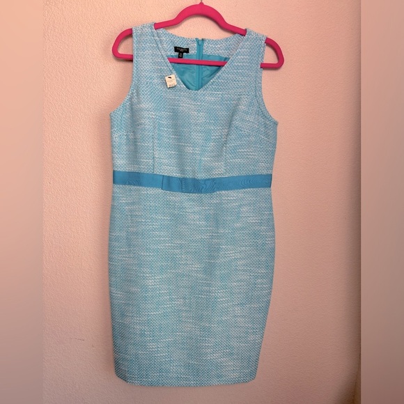 NWT Talbots Blue and White Tweed Structured Ribbon Bow Waist Shift Dress 14P - Picture 1 of 11